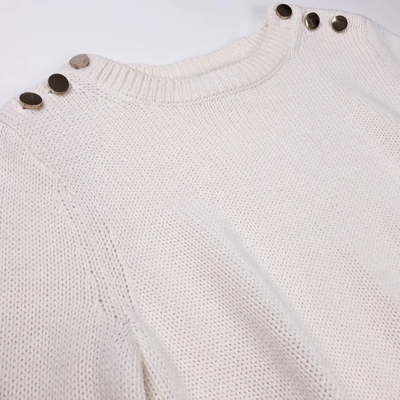 New Loft Cream Red Trim Gold Button Bell Sleeve Sweater Sz Xs - Picture 6 of 14
